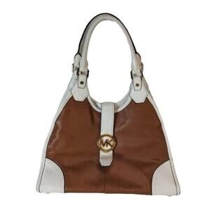 Michael Kors Brown‎ & White Leather Purse Satchel Tote Bag 15" Long